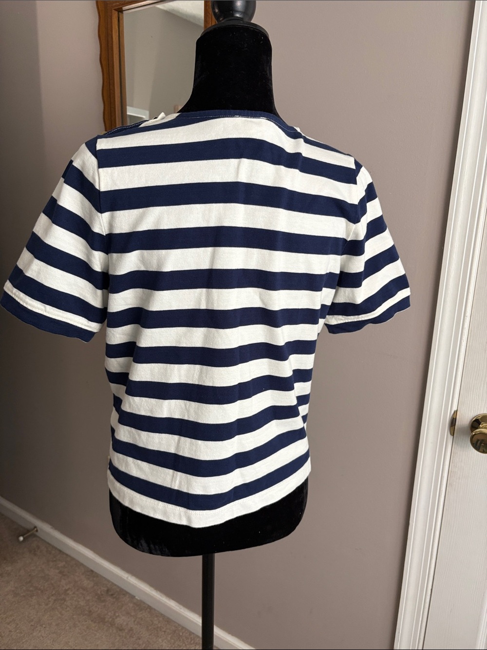 J. Crew Navy and White Striped Short Sleeve Tee with gold buttons - Picture 6 of 6
